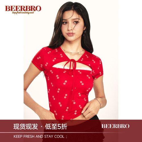 BeerBro 美式复古辣妹风玫瑰花碎花设计感系带修身短袖T恤上衣女