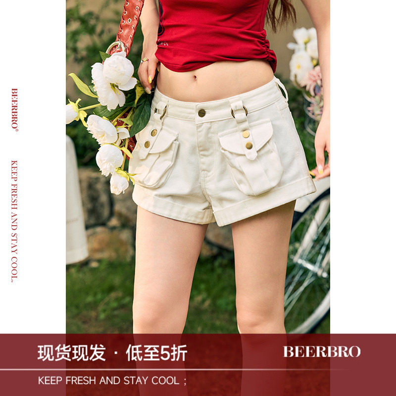 BeerBro『玩乐夏日』全棉竹节料成衣酵磨白色工装超短裤女夏季图片