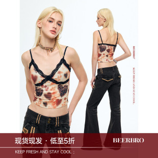BeerBro『烂漫朋克』订制印花 蕾丝花边爱心豹纹吊带背心女夏