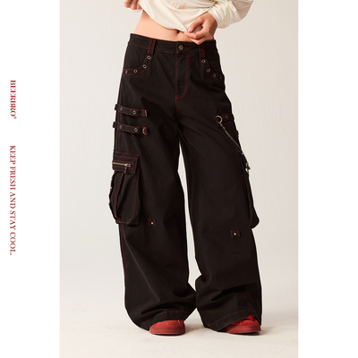 BeerBro『复古声浪』包容性强撞色线直筒链条宽松显瘦休闲工装裤