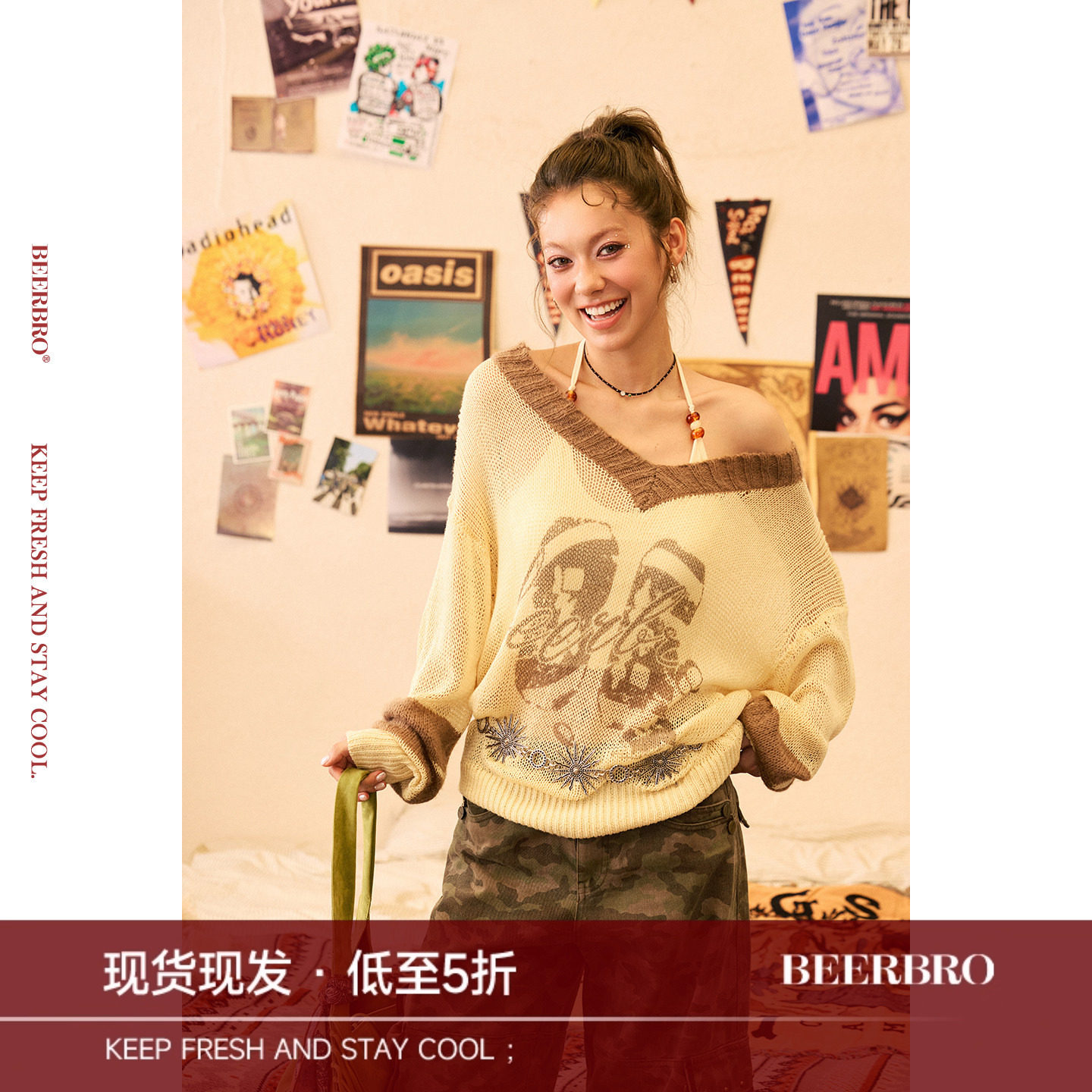 BeerBro 『多元运动美学』疏松织法美式辣妹学院毛织印花毛衣罩衫图片