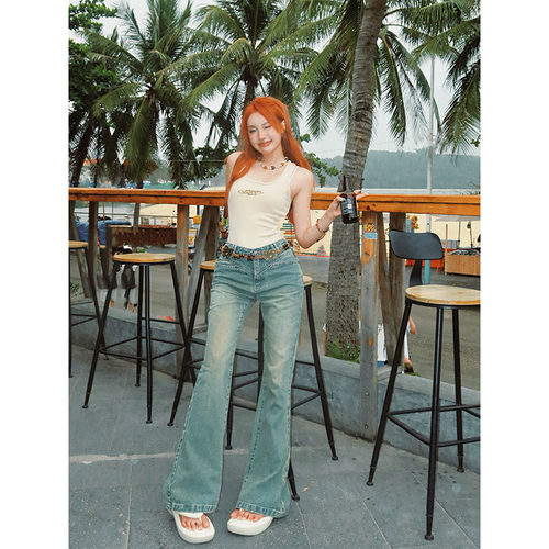 低腰做旧洗水微喇牛仔裤