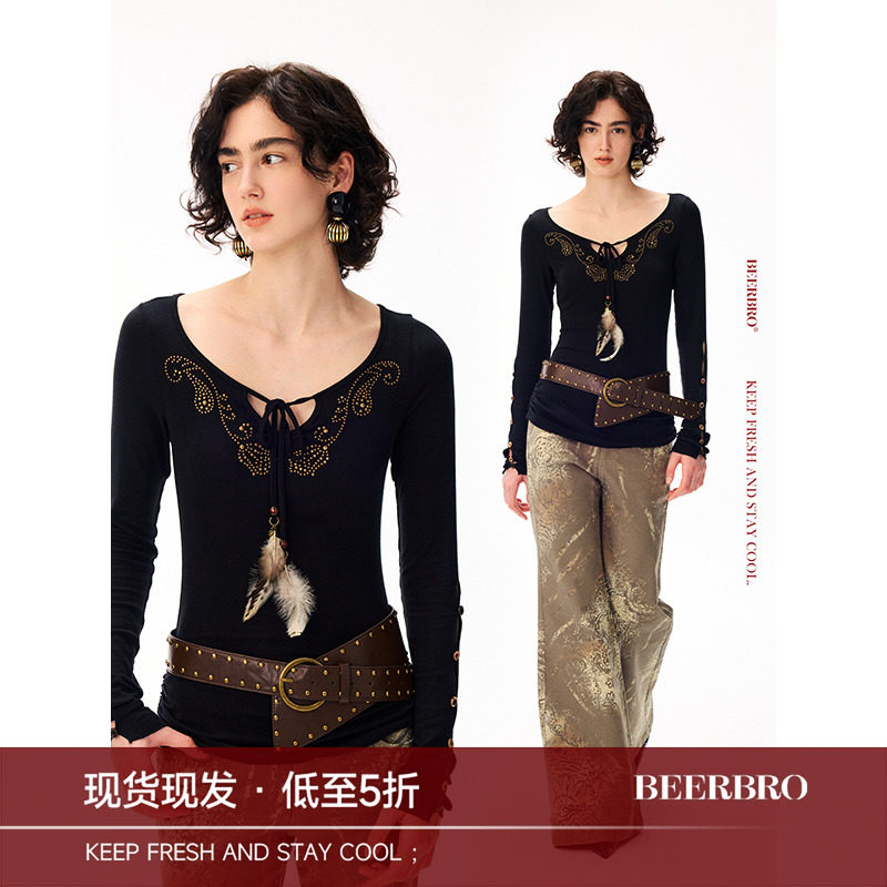 BeerBro『艺术流浪』『天丝羊毛』羽毛串珠吊坠大V领针织打底衫,女装/女士精品,毛针织衫,淘宝优惠券,粉丝福利购,淘宝优惠卷