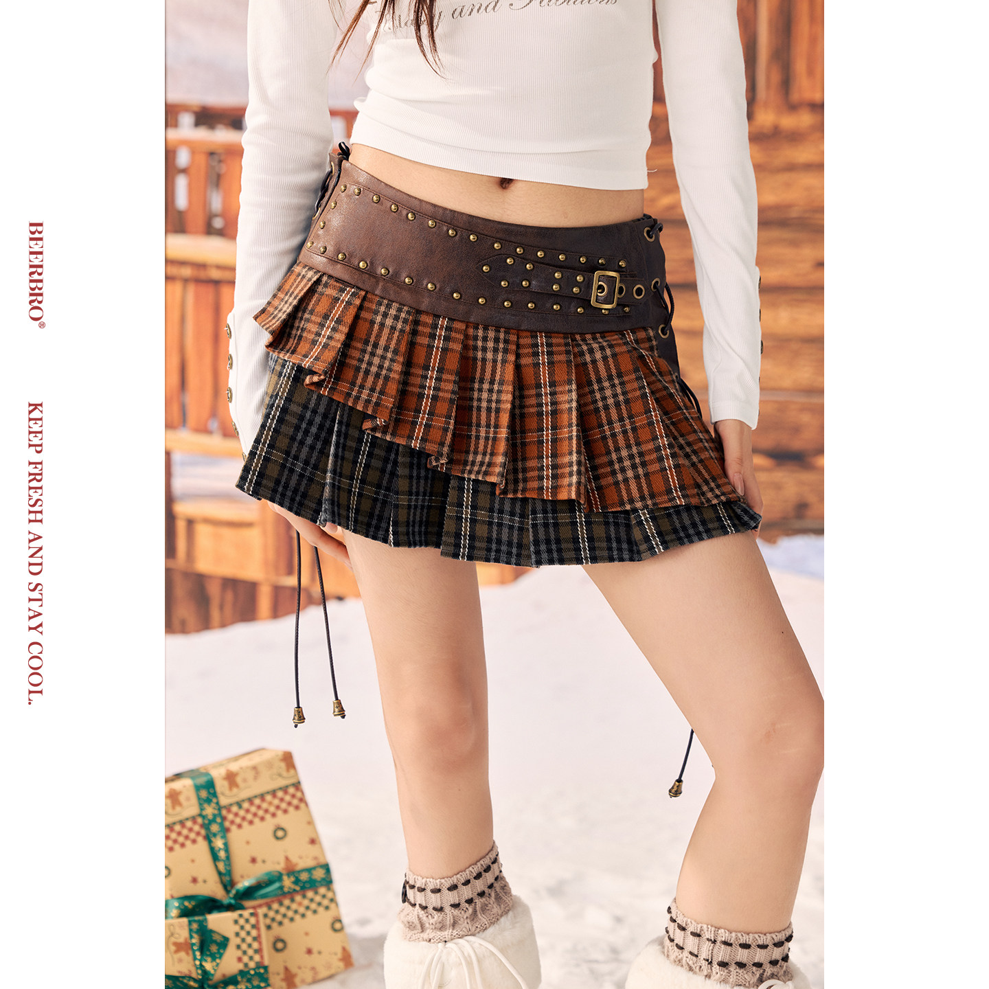 BeerBro『反叛假日』全棉舒适挺括辣妹秋冬拼色格纹百褶半身裙,女装/女士精品,半身裙,淘宝优惠券,粉丝福利购,淘宝优惠卷