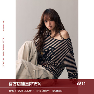 BeerBro 『复古声浪』莱赛尔舒适透气辣妹斜肩条纹长袖T恤上衣女