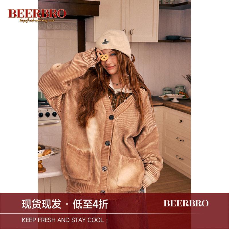 BeerBro 美式街头重工喷色开衫毛衣外套女秋冬宽松显瘦V领针织衫图片