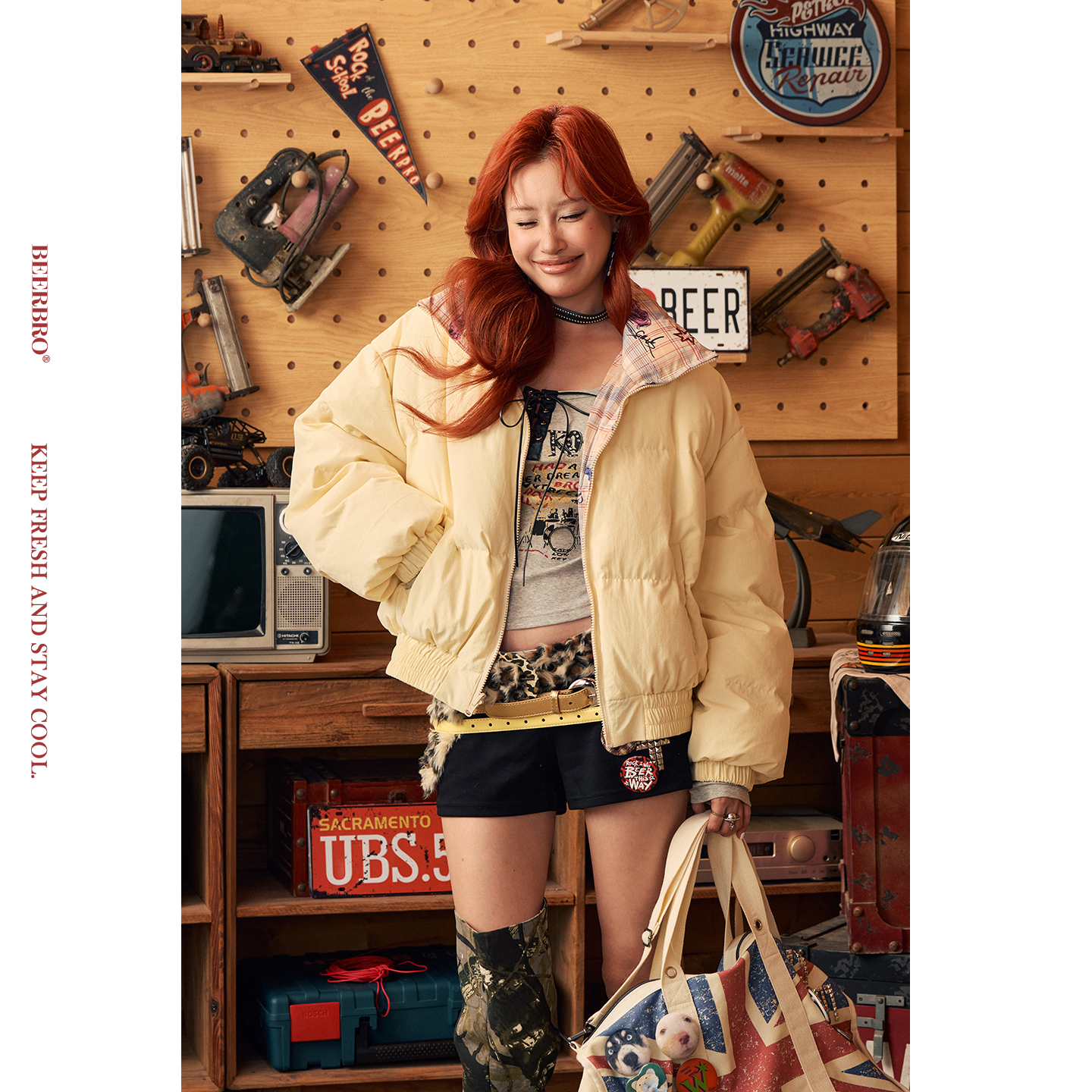 BeerBro『极速西部』实穿主义双面穿格纹立领保暖加厚羽绒服外套