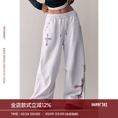 BeerBro『复古声浪』全棉酷辣十字架印花撞钉宽显瘦直筒休闲卫裤