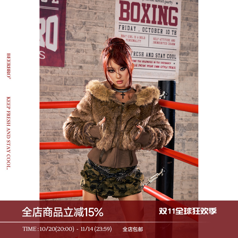 BeerBro『暴力美学 』保暖舒适加厚秋冬辣妹合体短款毛毛外套女