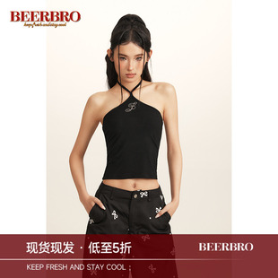 BeerBro 复古辣妹显瘦遮副乳高弹百搭挂脖小吊带背带上衣女 美式