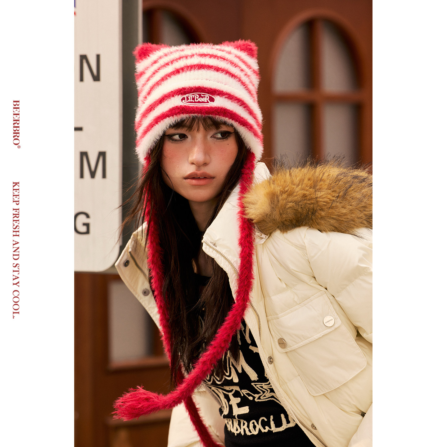 BeerBro『旷野派对』彩色条纹猫耳朵带辫子秋冬保暖针织帽子