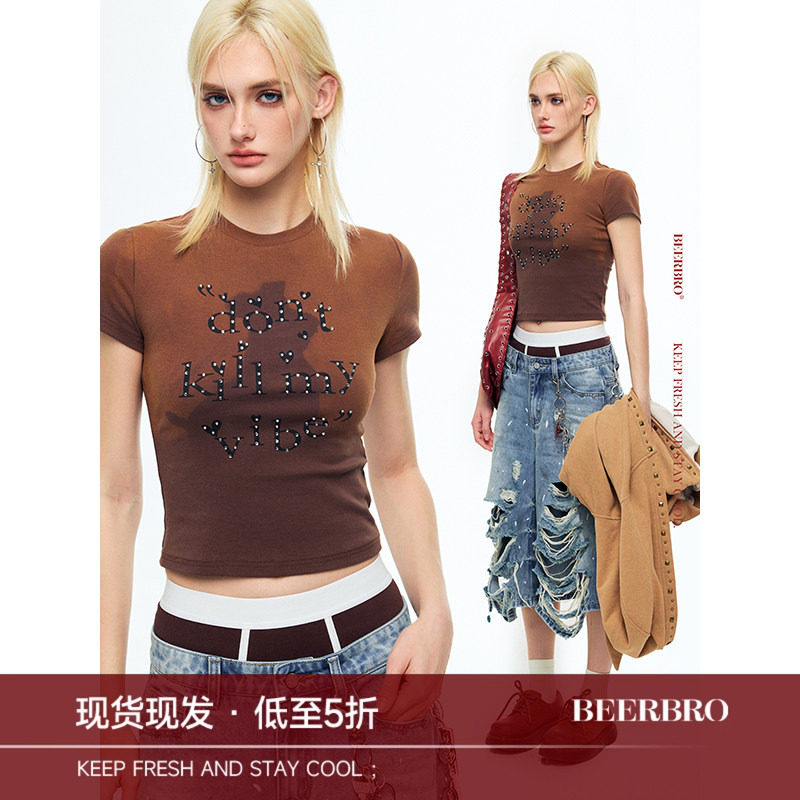 BeerBro『烂漫朋克』烫钻印花 渐变洗水小狗短款小t短袖上衣夏图片