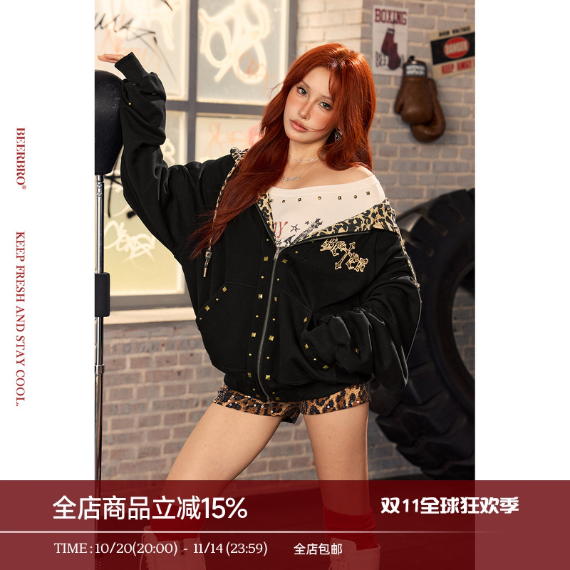BeerBro『暴力美学 』100%全棉秋冬重工铆钉豹纹双面穿卫衣外套