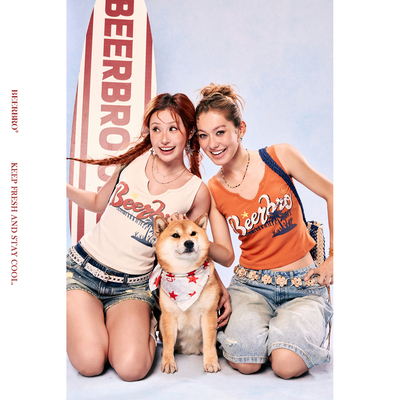BeerBro『出逃西海岸』复古修身显瘦椰树印花自带胸垫V领背心上衣