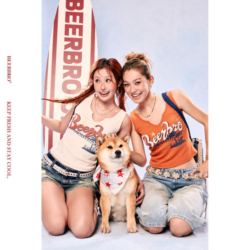 BeerBro『出逃西海岸』复古修身显瘦椰树印花自带胸垫V领背心上衣
