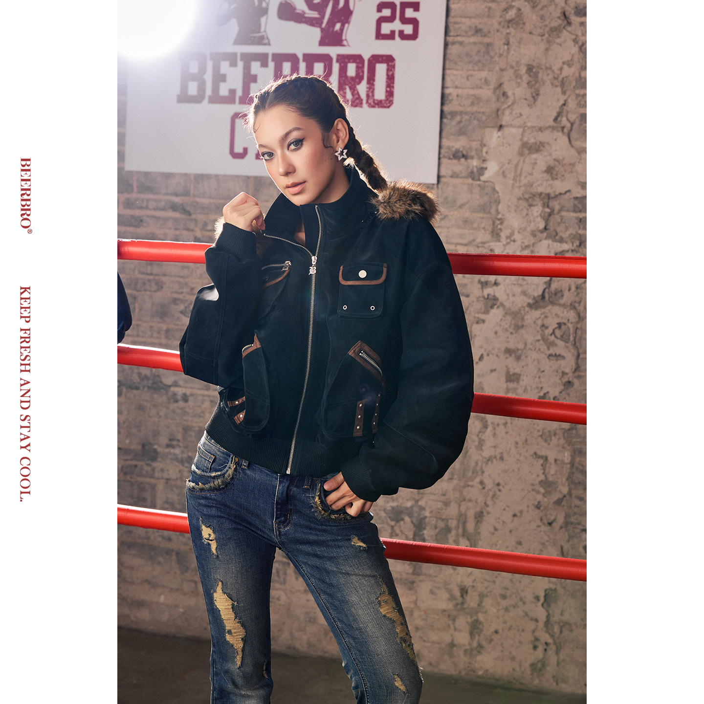 BeerBro『暴力美学 』普洗撞钉多口袋美式复古pu皮衣棉服外套女