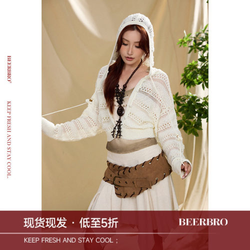 BeerBro『夏日派对』手钩立体花+串珠 镂空织花连帽毛衣短开衫