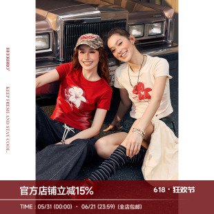 BeerBro『松弛街头』弹力针织平纹 紧身发泡印花短款短袖t恤女夏