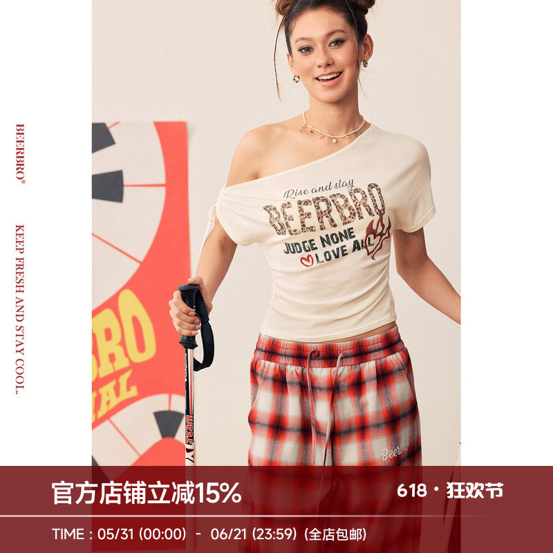 BeerBro『狂欢音乐节』天丝羊毛亲肤舒适豹纹字母印花斜肩短袖T恤