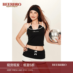 蝴蝶结短裤 BeerBro 撞色热裤 女夏季 两件套 假两件挂脖吊带背心套装