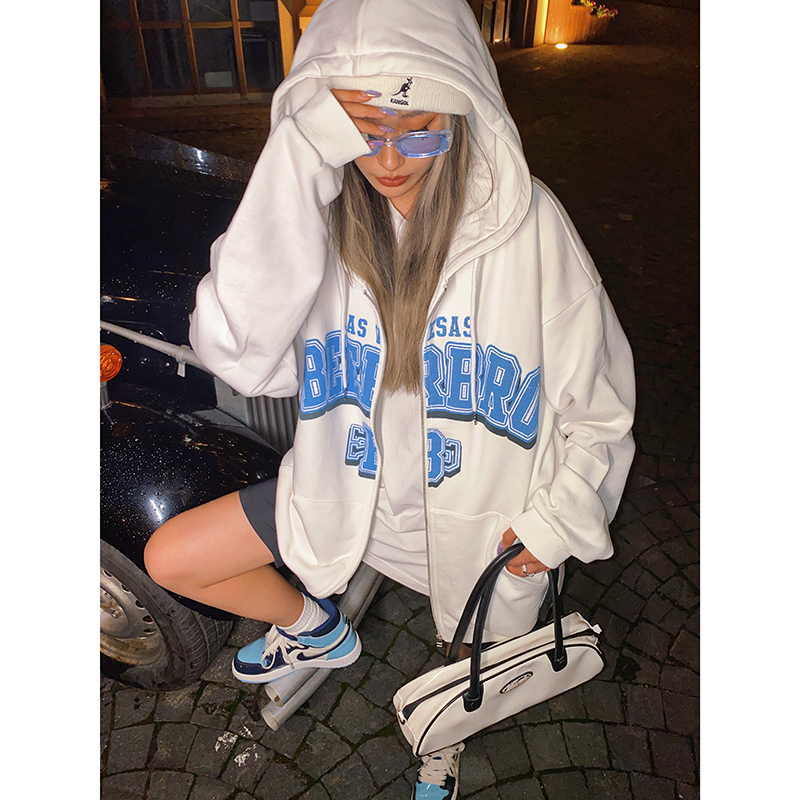美式复古风开衫ins潮连帽卫衣