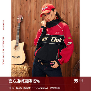 BeerBro『复古西部』美式红黑撞色字母刺绣防风翻领短款夹克外套
