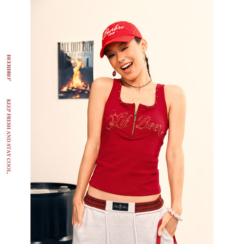 BeerBro『美式甜辣』92%棉辣妹收腰铆钉烫钻修身短款工字吊带上衣
