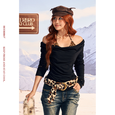 BeerBro『反叛竞技社』弹力料辣妹豹纹内搭两件套荡领长袖针织衫