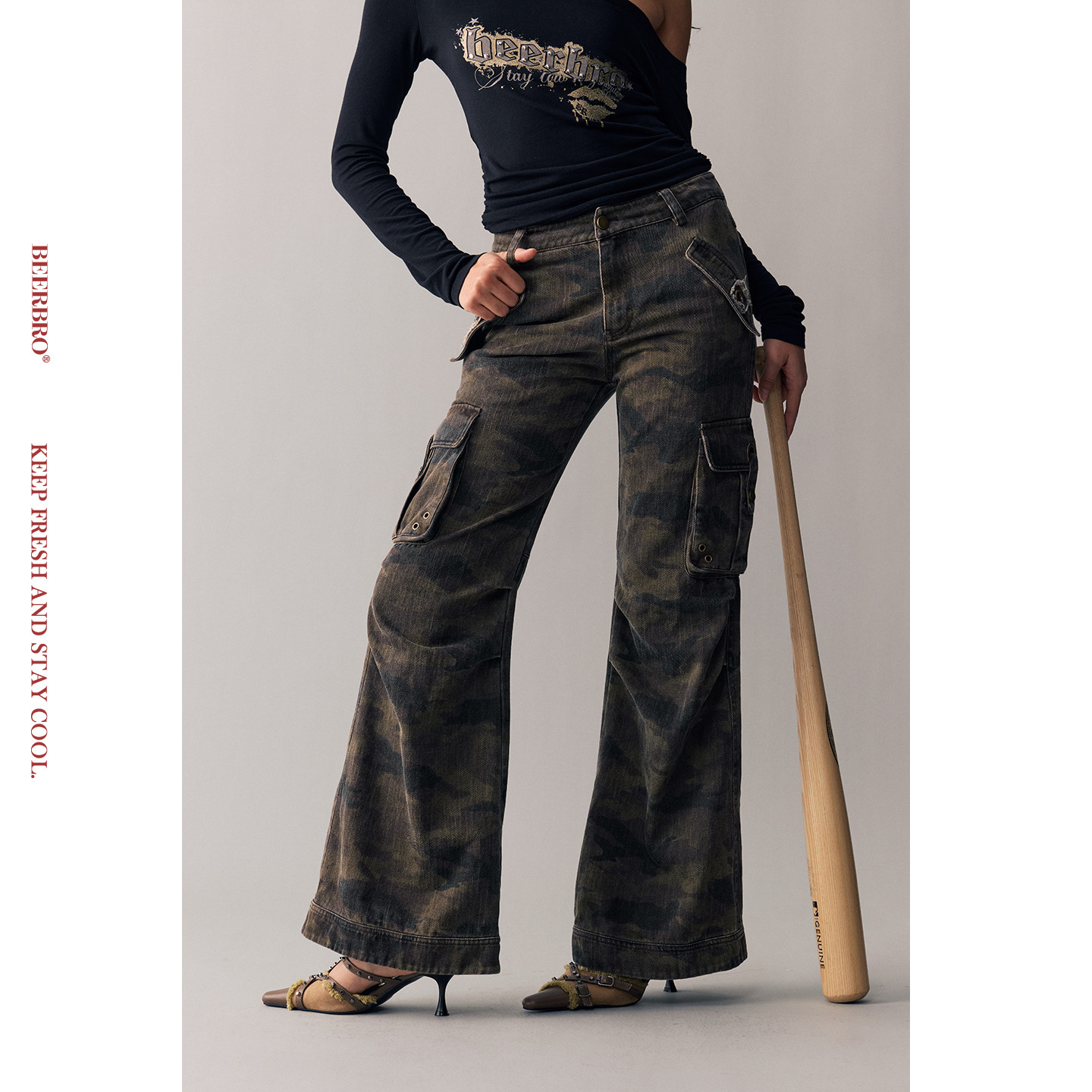 BeerBro 『复古声浪』实穿有态度洗水做旧迷彩修身微喇叭休闲裤,女装/女士精品,休闲裤,淘宝优惠券,粉丝福利购,淘宝优惠卷