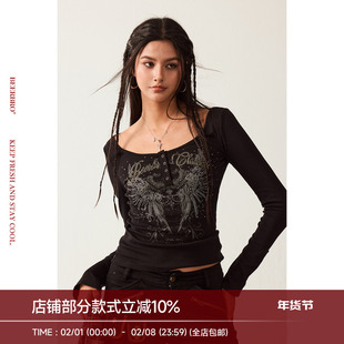 BeerBro『新启旅途』复古水钻翅膀辣妹2026年修身印花烫钻长袖T恤