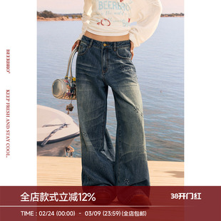 BeerBro『风帆运动社』舒适有型立体狗爪钢印趣味阔腿牛仔裤秋冬