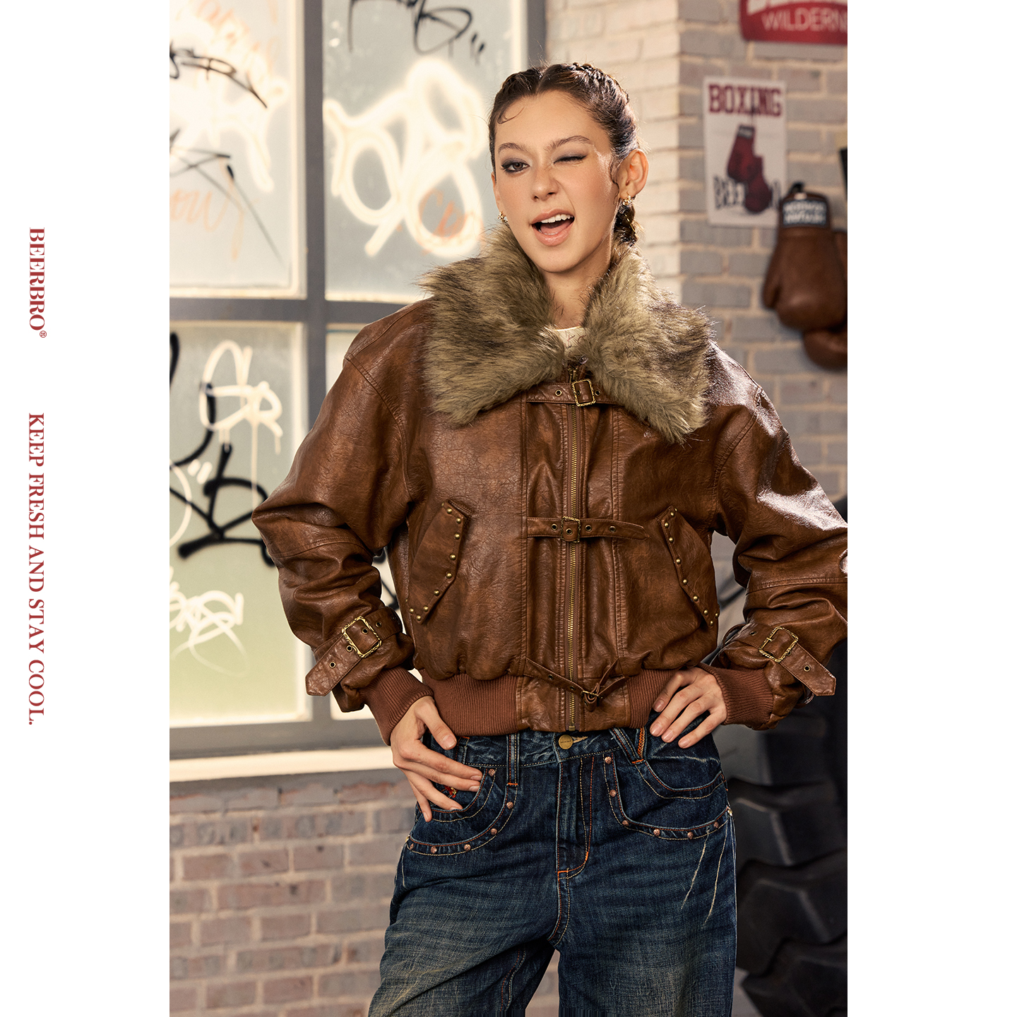 BeerBro『暴力美学 』特色晕染pu皮复古辣妹洗水短款皮衣外套女