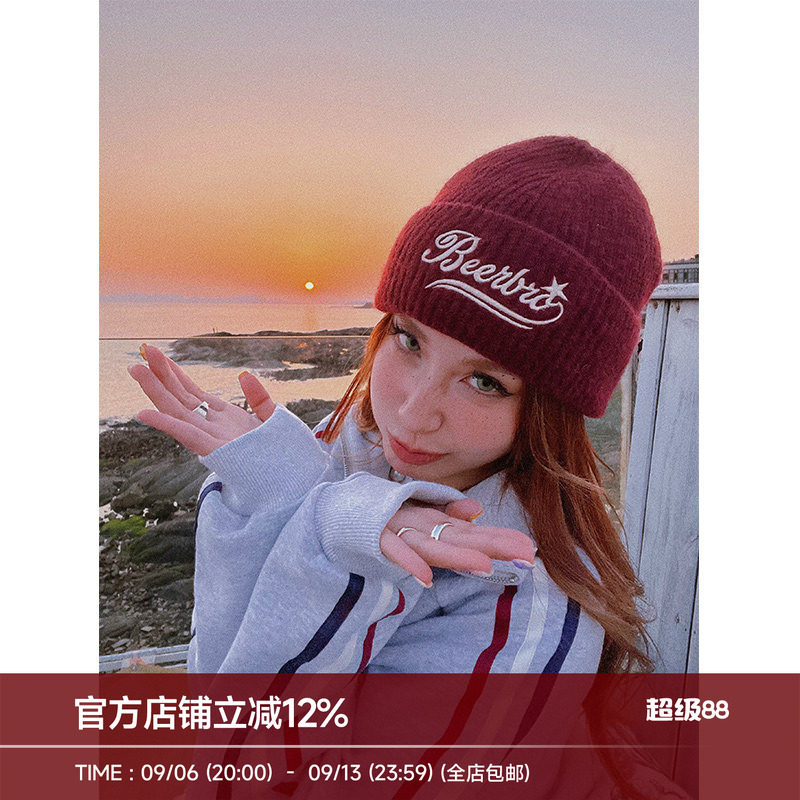 美式复古绒感绣花针织帽图片