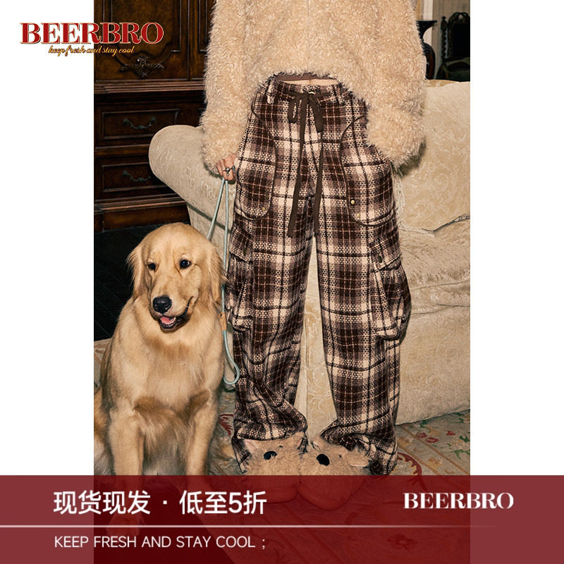 BeerBro 美式复古街头小香风毛呢格子工装裤女秋冬直筒阔腿长裤图片