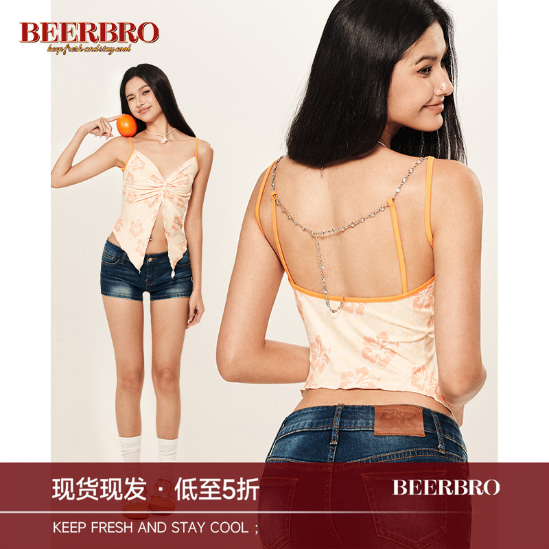 BeerBro 美式辣妹扭结吊带背心女夏季设计感小众修身显瘦露背上衣