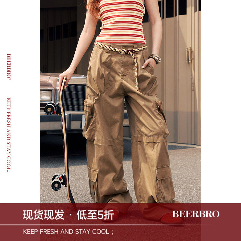 BeerBro『松弛街头』透气轻薄 复古多口袋阔腿洗水休闲工装裤女图片
