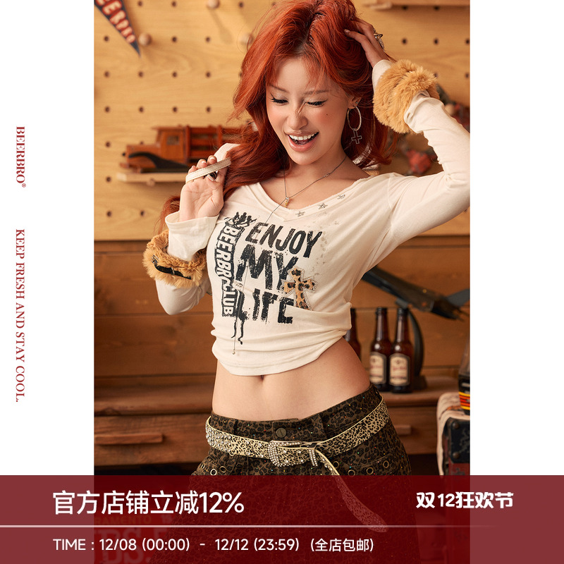 BeerBro『极速西部』天丝羊毛亲肤透气V领烫钻印花短款长袖T恤