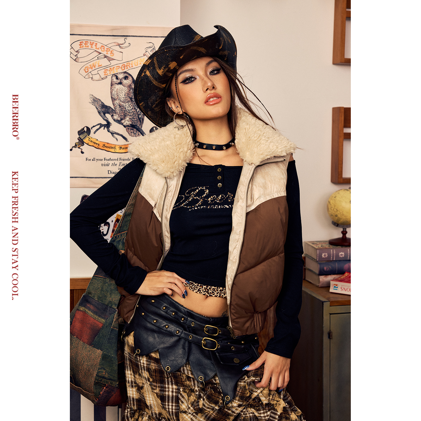 BeerBro『摇滚书吧』保暖强风搭配毛毛翻领拼色羽绒服马甲外套