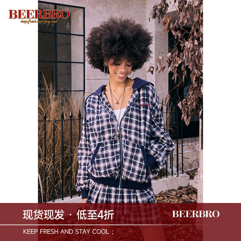 BeerBro复古辣妹菱形格子宽松连帽棉服外套绣花压褶显瘦A字半身裙