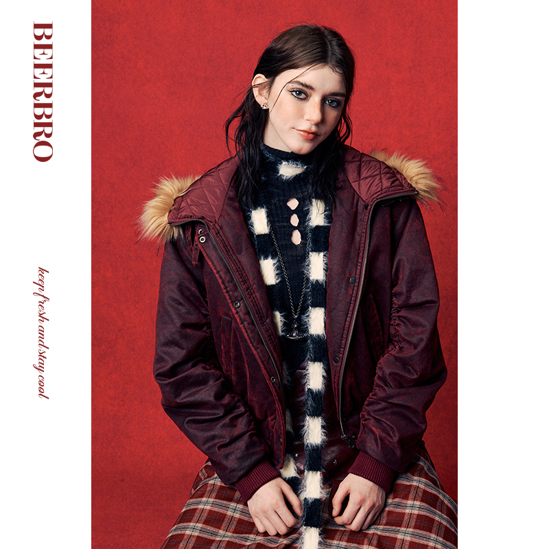 BeerBro 美式街头做旧蜡感宽松裥棉皮衣女秋冬加厚短款毛领外套