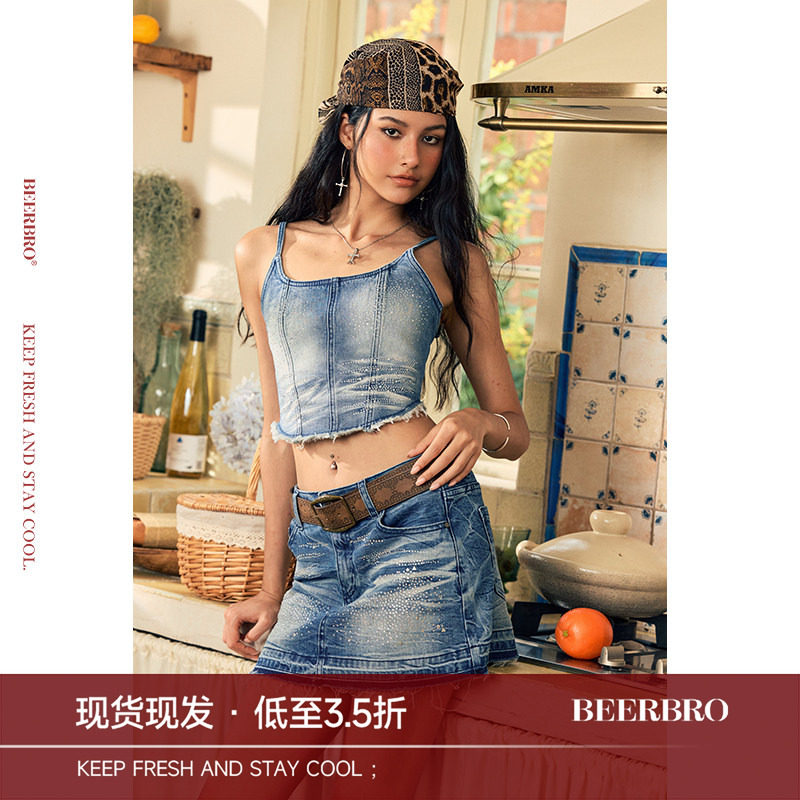 BeerBro『玩乐夏日』辣翻夏日 酷辣烫钻烫钻毛边牛仔吊带女夏季图片