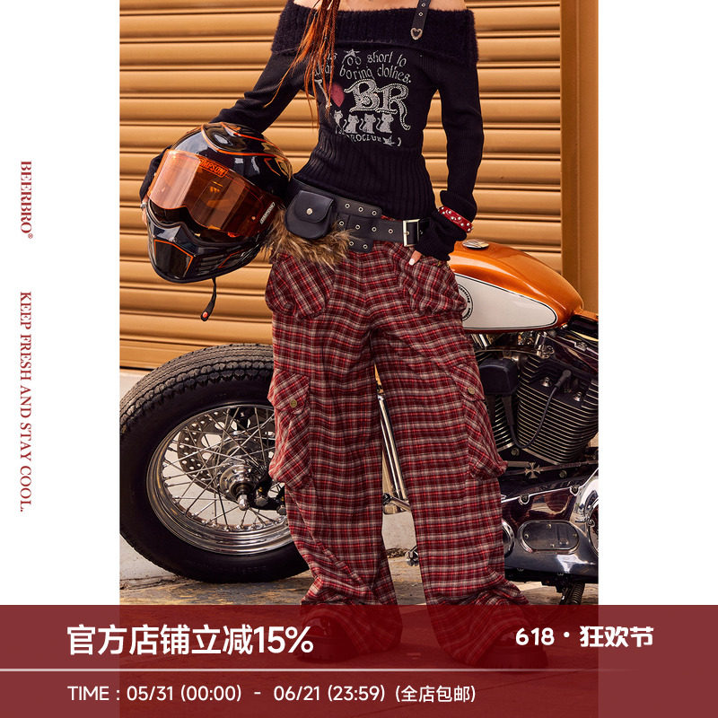 BeerBro『CITY MOTO』星星撞钉秋冬磨毛感格子宽松直筒休闲裤