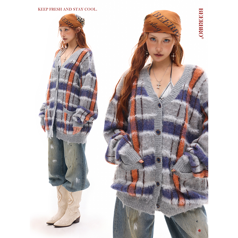 BeerBro『绵羊毛』手感舒适 间条条纹慵懒感毛毛间条毛衣开衫外套