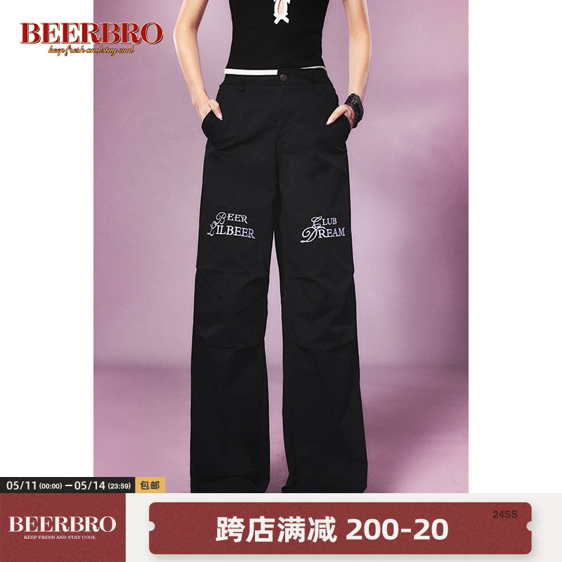 BeerBro美式复古字母刺绣高腰工装裤女收褶松紧抽绳宽松阔腿长裤