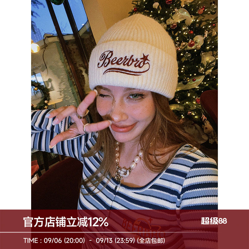 复古绒感刺绣针织帽女冬季图片