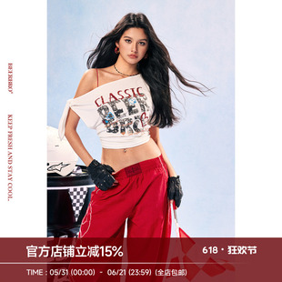 BeerBro『竞速脉冲』莱赛尔柔软舒适辣妹短款斜肩收腰短袖T恤女