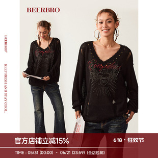 BeerBro『新启旅途』爱心翅膀辣妹烫钻松弛感V领毛衣罩衫春季女