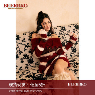 BeerBro 美式辣妹一字肩仿貂毛毛衣红色A字短裙半身裙两件套套装