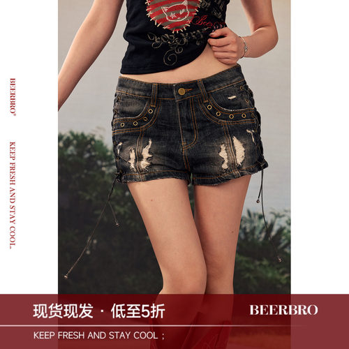 BeerBro『出逃西海岸』 Y2K千禧辣妹低腰显瘦破洞绑带牛仔超短裤