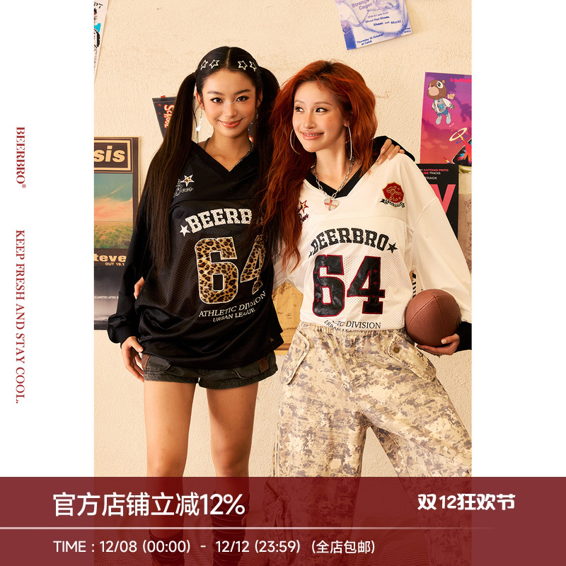 BeerBro 『明星同款』美式宽松街头感绣花数字宽松长袖球衣T恤